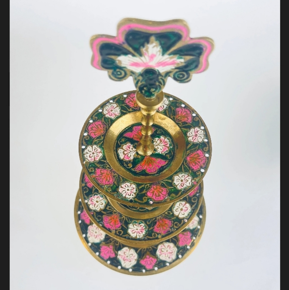 Vintage Three Tier Brass Trinket/Key/Earring Holder - Hand Painted